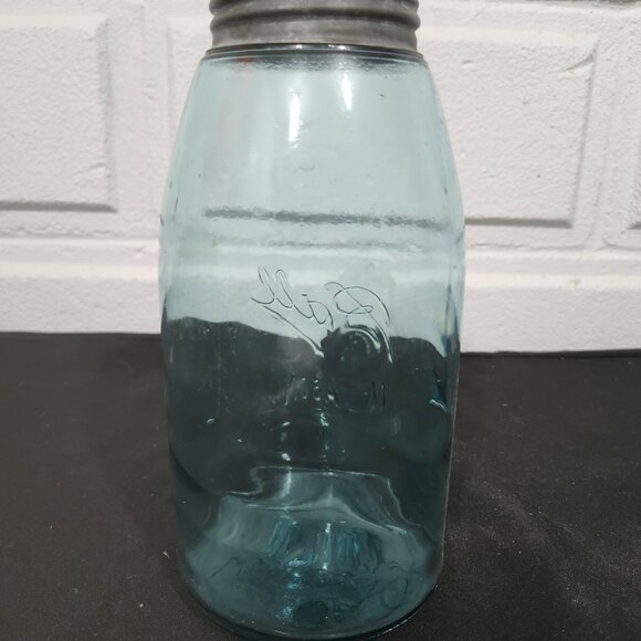 Vintage Early 1900's Aqua Blue Glass Mason Jar With Lid - Picture 2 of 8